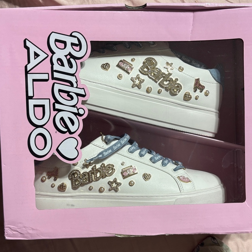 ALDO White Platform Sneakers with Gold Barbie Charms and Blue Laces